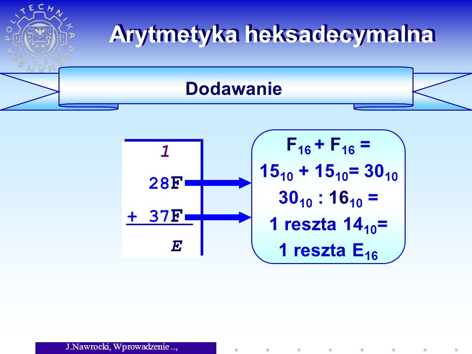 J.Nawrocki, Wprowadzenie.., Wykład 5 Arytmetyka heksadecymalna Dodawanie 1 28 F + 37 F E 1 28 F + 37 F E F 16 + F 16 = = : = 1 reszta = 1 reszta E 16