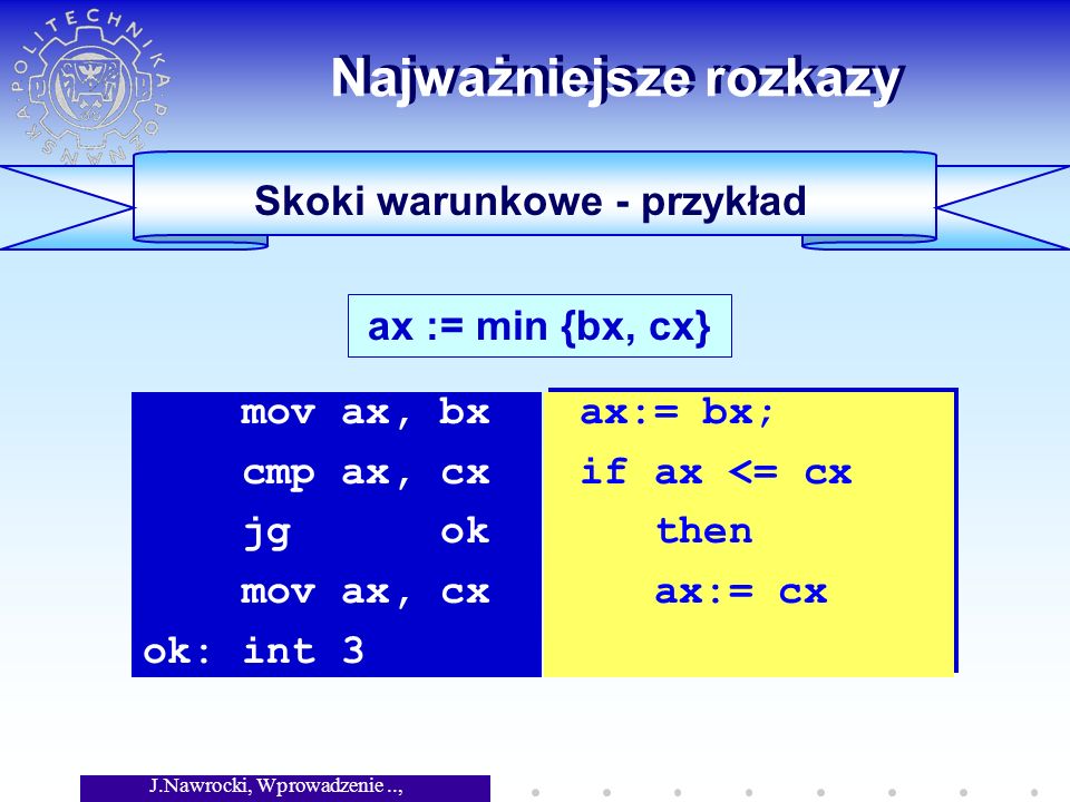 J.Nawrocki, Wprowadzenie.., Wykład 5 Skoki warunkowe - przykład Najważniejsze rozkazy ax := min {bx, cx} mov ax, bx cmp ax, cx jg ok mov ax, cx ok: int 3 ax:= bx; if ax <= cx then ax:= cx ax:= bx; if ax <= cx then ax:= cx