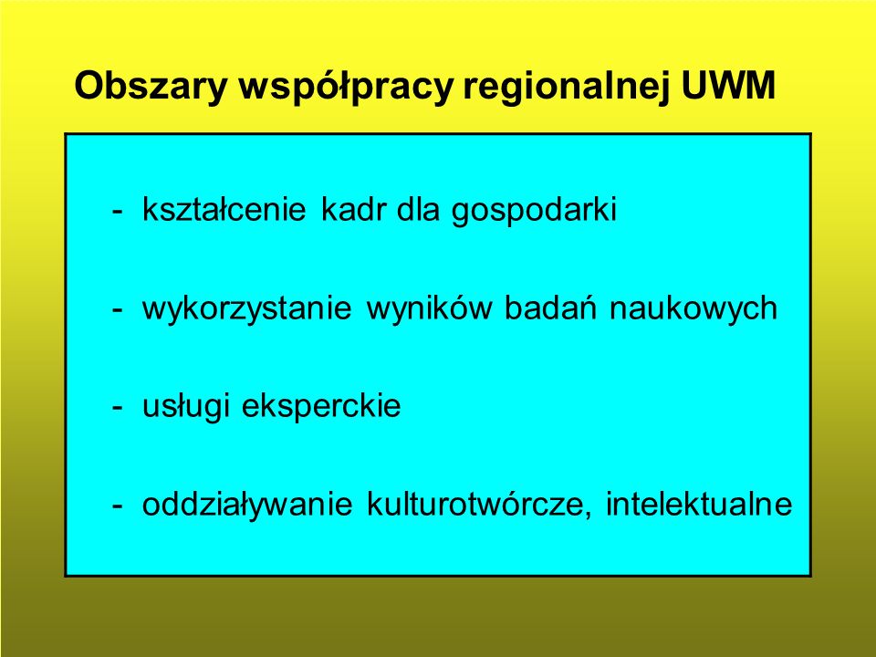 Obszary współpracy regionalnej UWM - kształcenie kadr dla gospodarki - wykorzystanie wyników badań naukowych - usługi eksperckie - oddziaływanie kulturotwórcze, intelektualne