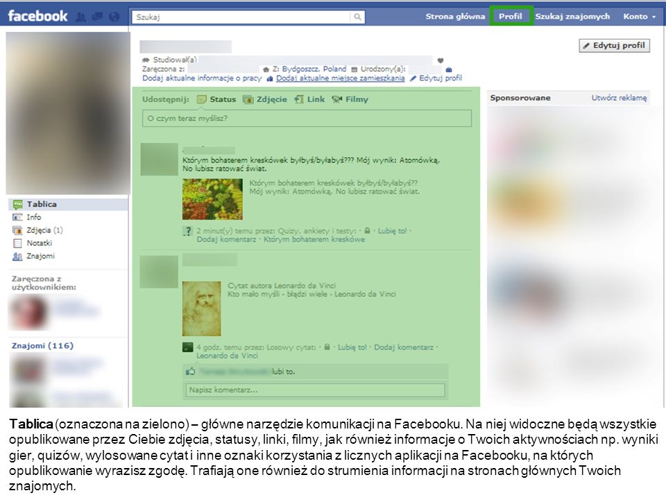 Tablica (oznaczona na zielono) – główne narzędzie komunikacji na Facebooku.