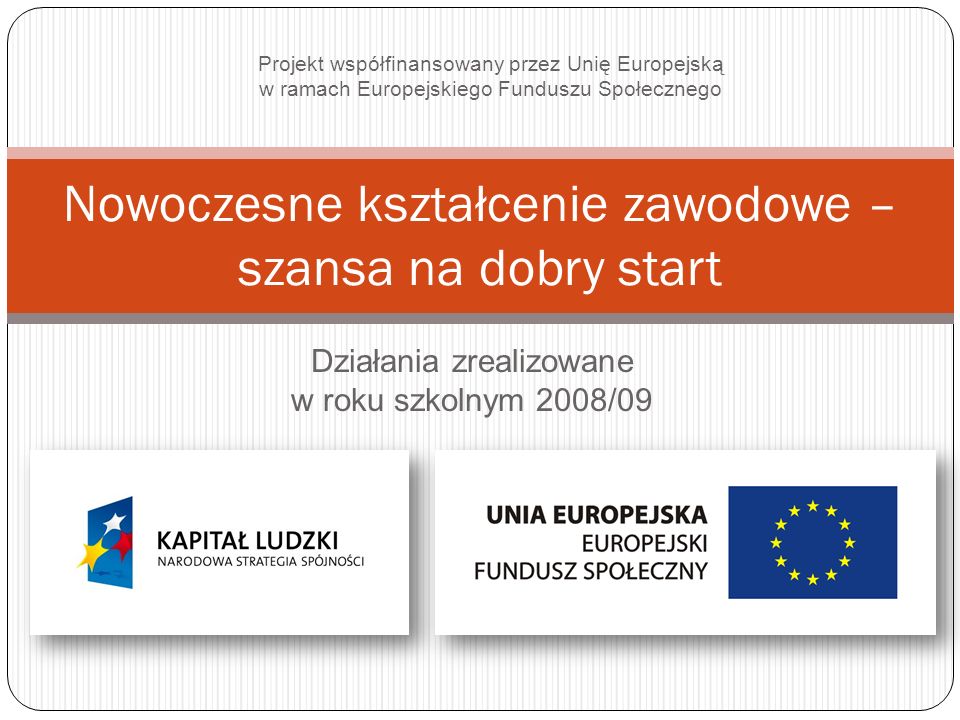 Działania zrealizowane w roku szkolnym 2008/09 Nowoczesne kształcenie zawodowe – szansa na dobry start Projekt współfinansowany przez Unię Europejską w ramach Europejskiego Funduszu Społecznego
