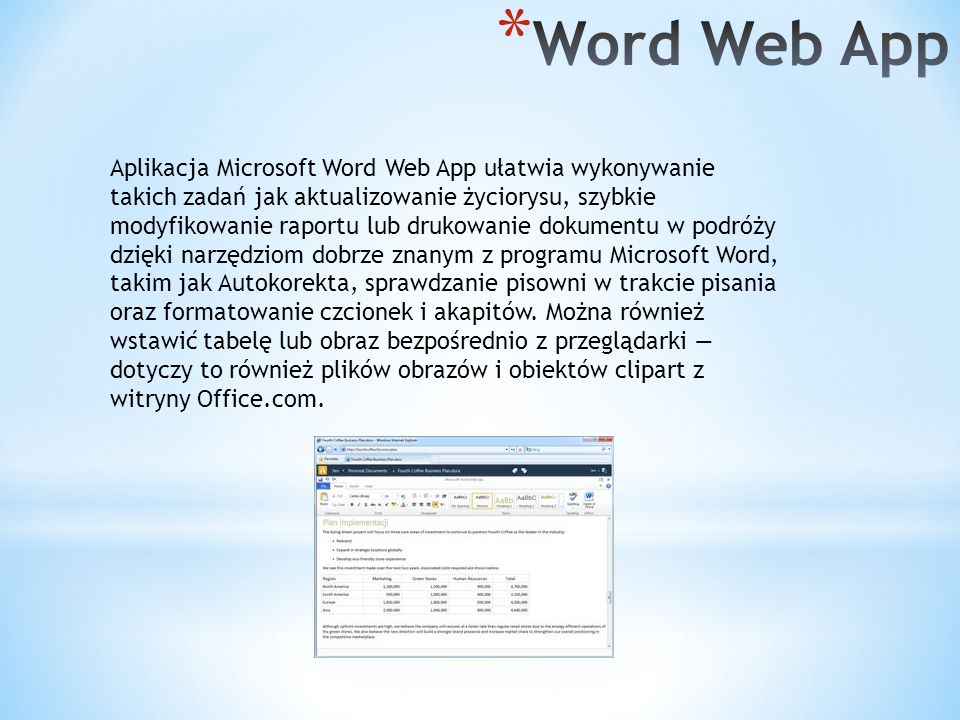 Aplikacja Microsoft Word Web App ułatwia wykonywanie takich zadań jak aktualizowanie życiorysu, szybkie modyfikowanie raportu lub drukowanie dokumentu w podróży dzięki narzędziom dobrze znanym z programu Microsoft Word, takim jak Autokorekta, sprawdzanie pisowni w trakcie pisania oraz formatowanie czcionek i akapitów.