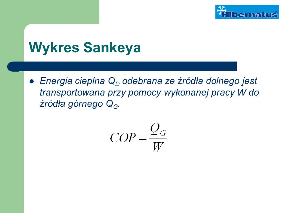 Wykres Sankeya Energia cieplna Q D odebrana ze źródła dolnego jest transportowana przy pomocy wykonanej pracy W do źródła górnego Q G.