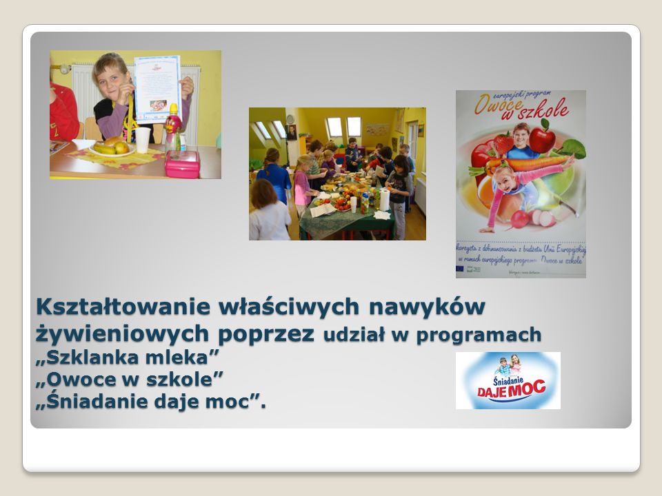Kształtowanie właściwych nawyków żywieniowych poprzez udział w programach Szklanka mleka Owoce w szkole Śniadanie daje moc.