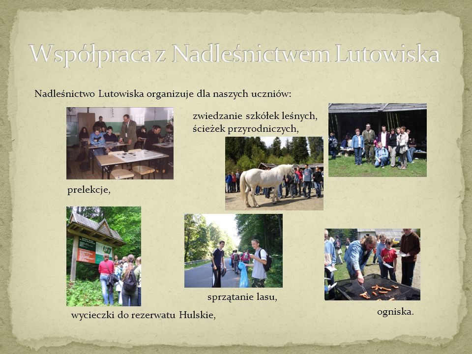 Nadleśnictwo Lutowiska organizuje dla naszych uczniów: prelekcje, zwiedzanie szkółek leśnych, ścieżek przyrodniczych, ogniska.