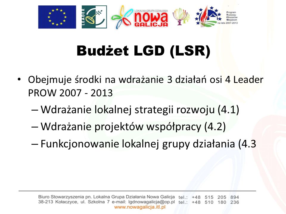 Budżet LGD (LSR) Obejmuje środki na wdrażanie 3 działań osi 4 Leader PROW – Wdrażanie lokalnej strategii rozwoju (4.1) – Wdrażanie projektów współpracy (4.2) – Funkcjonowanie lokalnej grupy działania (4.3