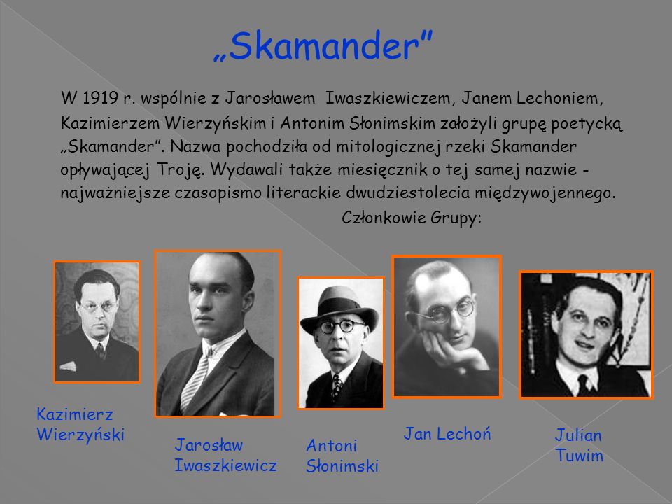 Jarosław Iwaszkiewicz Jan Lechoń Antoni Słonimski Kazimierz Wierzyński Julian Tuwim Członkowie Grupy: Skamander W 1919 r.