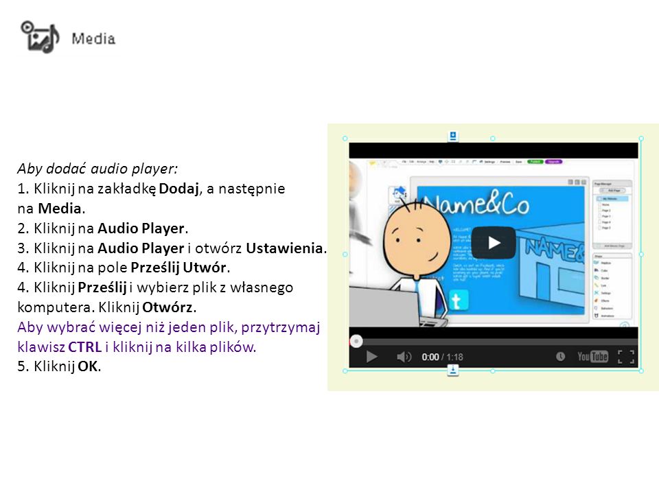 Aby dodać audio player: 1. Kliknij na zakładkę Dodaj, a następnie na Media.