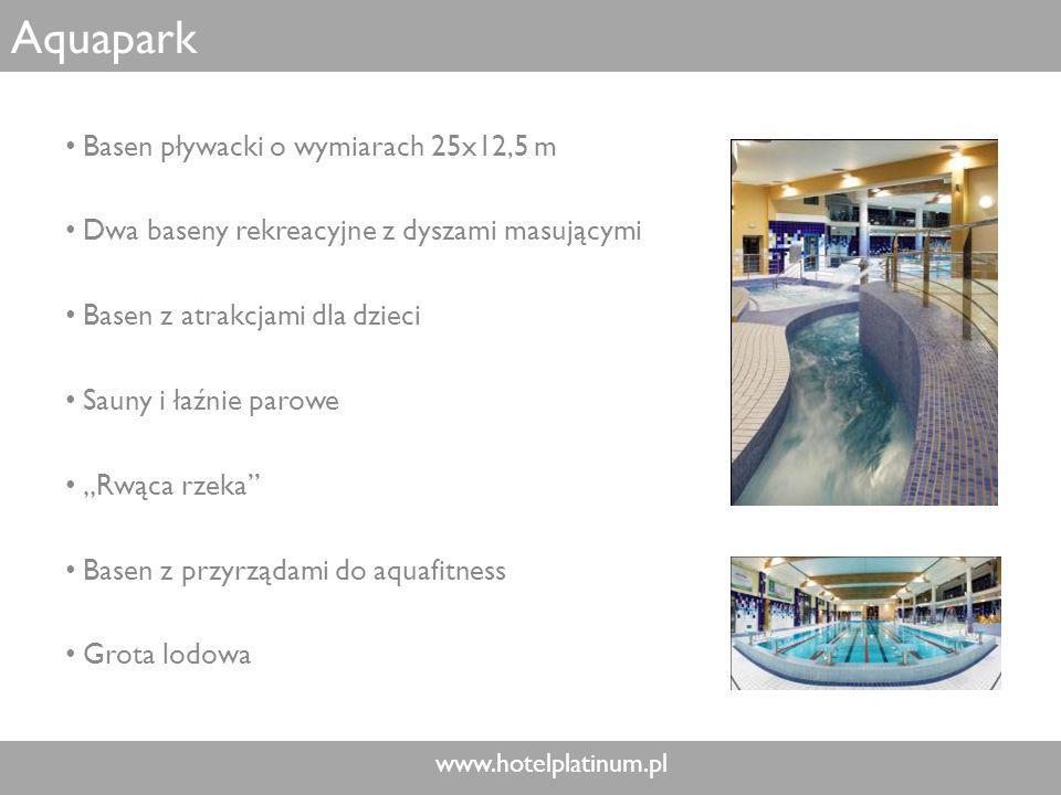 Aquapark Basen pływacki o wymiarach 25x12,5 m Dwa baseny rekreacyjne z dyszami masującymi Basen z atrakcjami dla dzieci Sauny i łaźnie parowe Rwąca rzeka Basen z przyrządami do aquafitness Grota lodowa