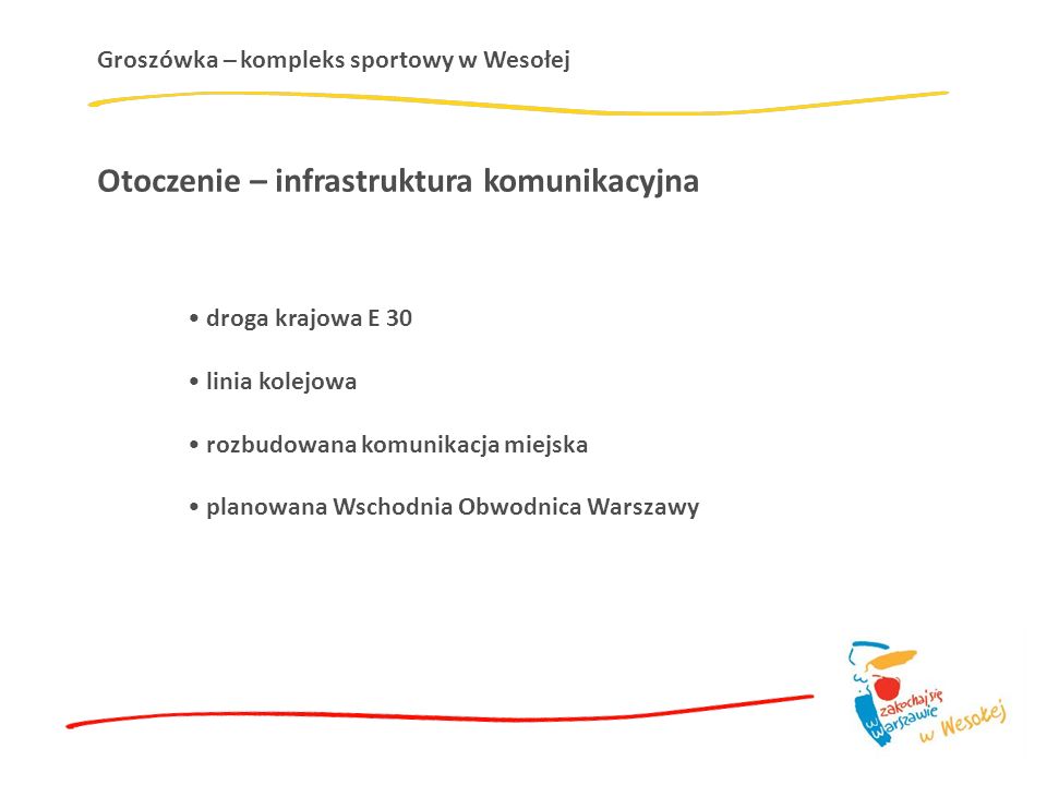 Groszówka – kompleks sportowy w Wesołej Otoczenie – infrastruktura komunikacyjna droga krajowa E 30 linia kolejowa rozbudowana komunikacja miejska planowana Wschodnia Obwodnica Warszawy