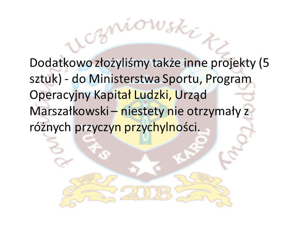 Dodatkowo złożyliśmy także inne projekty (5 sztuk) - do Ministerstwa Sportu, Program Operacyjny Kapitał Ludzki, Urząd Marszałkowski – niestety nie otrzymały z różnych przyczyn przychylności.