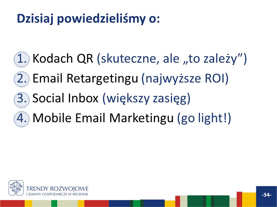 Dzisiaj powiedzieliśmy o: 1.Kodach QR (skuteczne, ale to zależy) 2. Retargetingu (najwyższe ROI) 3.Social Inbox (większy zasięg) 4.Mobile  Marketingu (go light!) -34-
