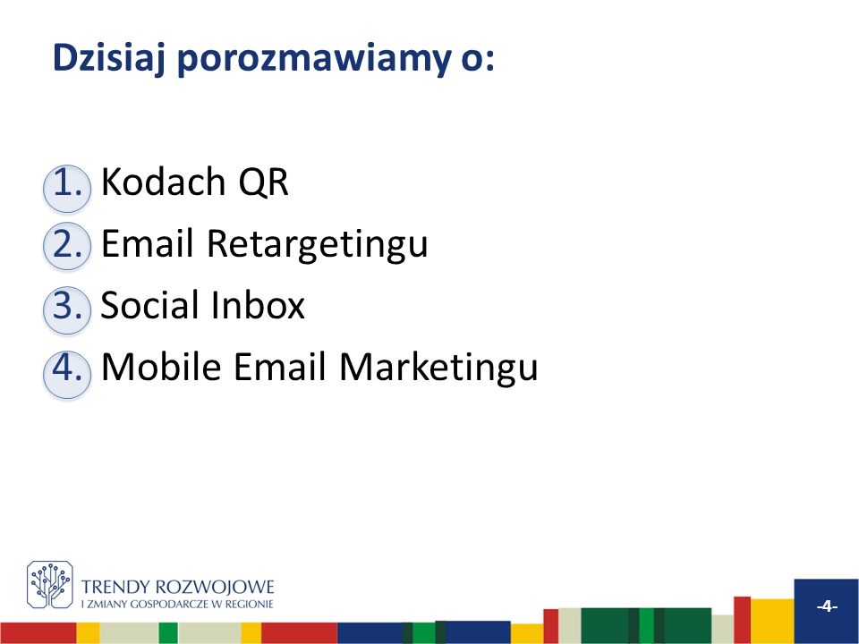 Dzisiaj porozmawiamy o: 1.Kodach QR 2. Retargetingu 3.Social Inbox 4.Mobile  Marketingu -4-