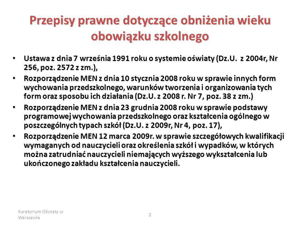 Kuratorium Oświaty w Warszawie 2 Przepisy prawne dotyczące obniżenia wieku obowiązku szkolnego Ustawa z dnia 7 września 1991 roku o systemie oświaty (Dz.U.