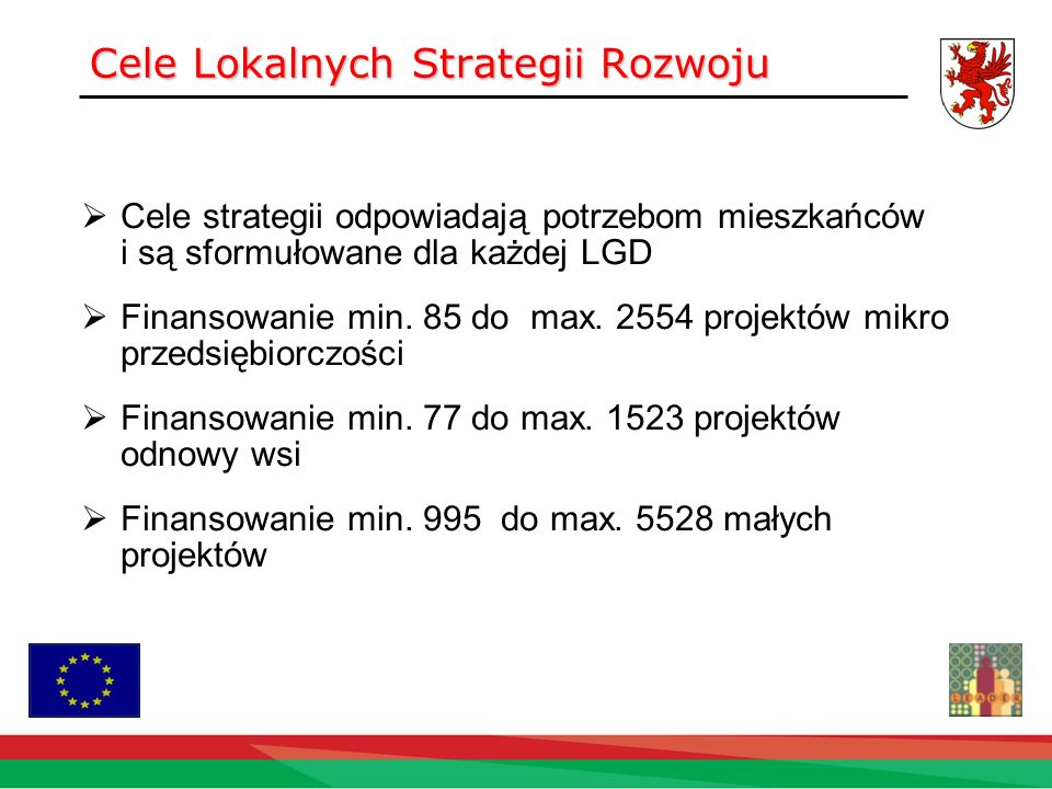Cele Lokalnych Strategii Rozwoju Cele strategii odpowiadają potrzebom mieszkańców i są sformułowane dla każdej LGD Finansowanie min.