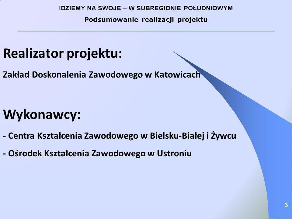 Realizator projektu: Zakład Doskonalenia Zawodowego w Katowicach Wykonawcy: - Centra Kształcenia Zawodowego w Bielsku-Białej i Żywcu - Ośrodek Kształcenia Zawodowego w Ustroniu IDZIEMY NA SWOJE – W SUBREGIONIE POŁUDNIOWYM Podsumowanie realizacji projektu 3