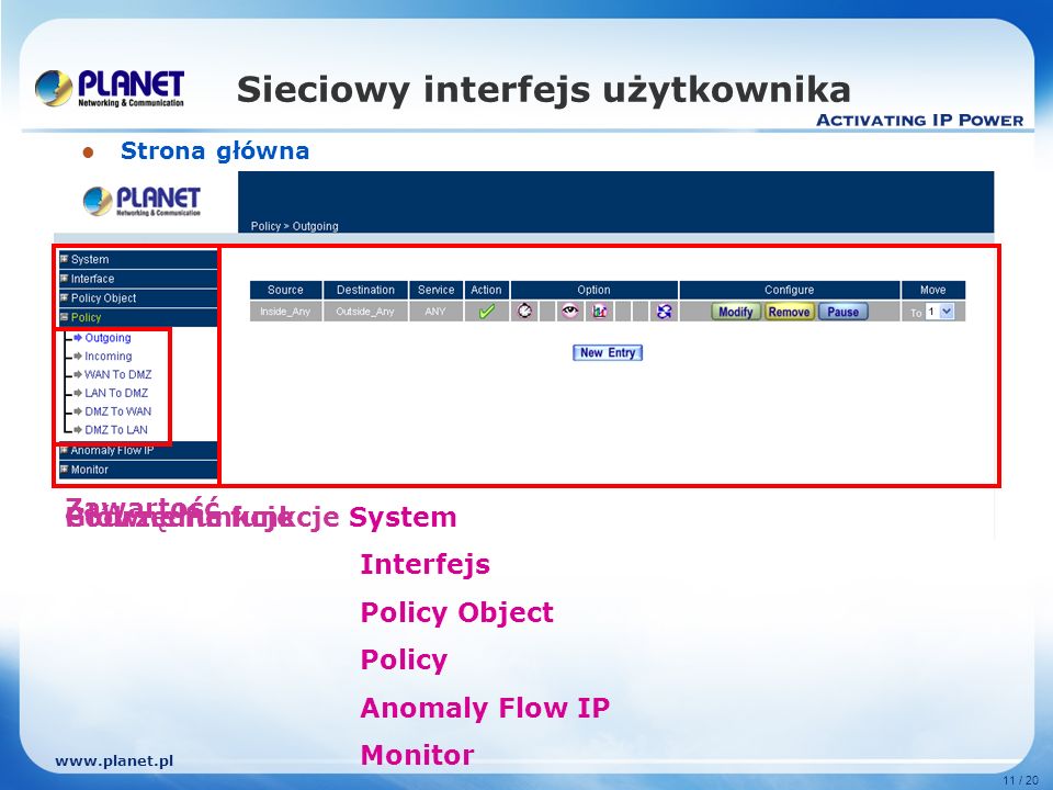 11 / 20 Sieciowy interfejs użytkownika Strona główna Zawartość Główne funkcje System Interfejs Policy Object Policy Anomaly Flow IP Monitor Podrzędne funkcje