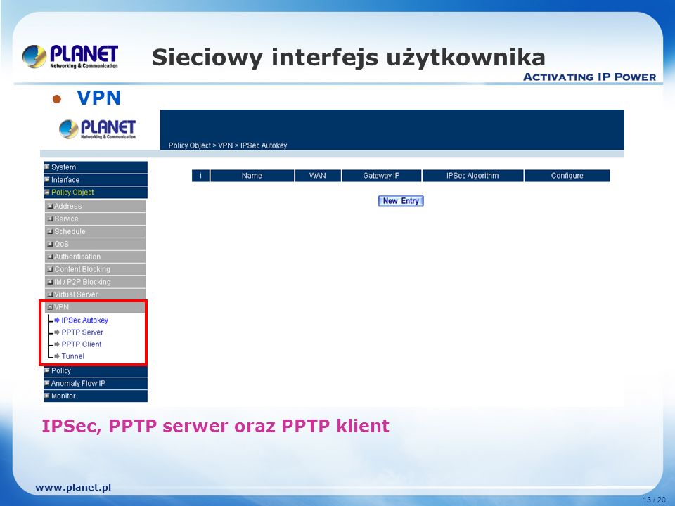 13 / 20 Sieciowy interfejs użytkownika VPN IPSec, PPTP serwer oraz PPTP klient