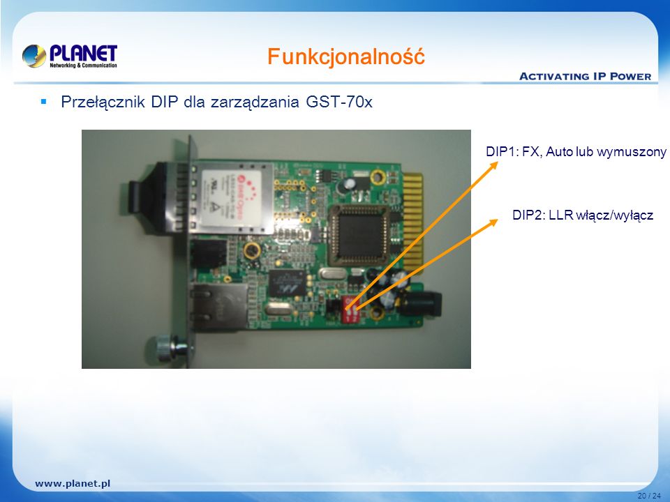 20 / 24 Funkcjonalność Przełącznik DIP dla zarządzania GST-70x DIP1: FX, Auto lub wymuszony DIP2: LLR włącz/wyłącz