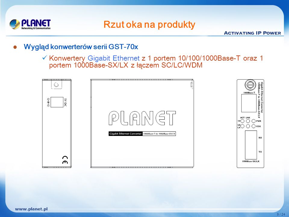 9 / 24 Rzut oka na produkty Wygląd konwerterów serii GST-70x Konwertery Gigabit Ethernet z 1 portem 10/100/1000Base-T oraz 1 portem 1000Base-SX/LX z łączem SC/LC/WDM