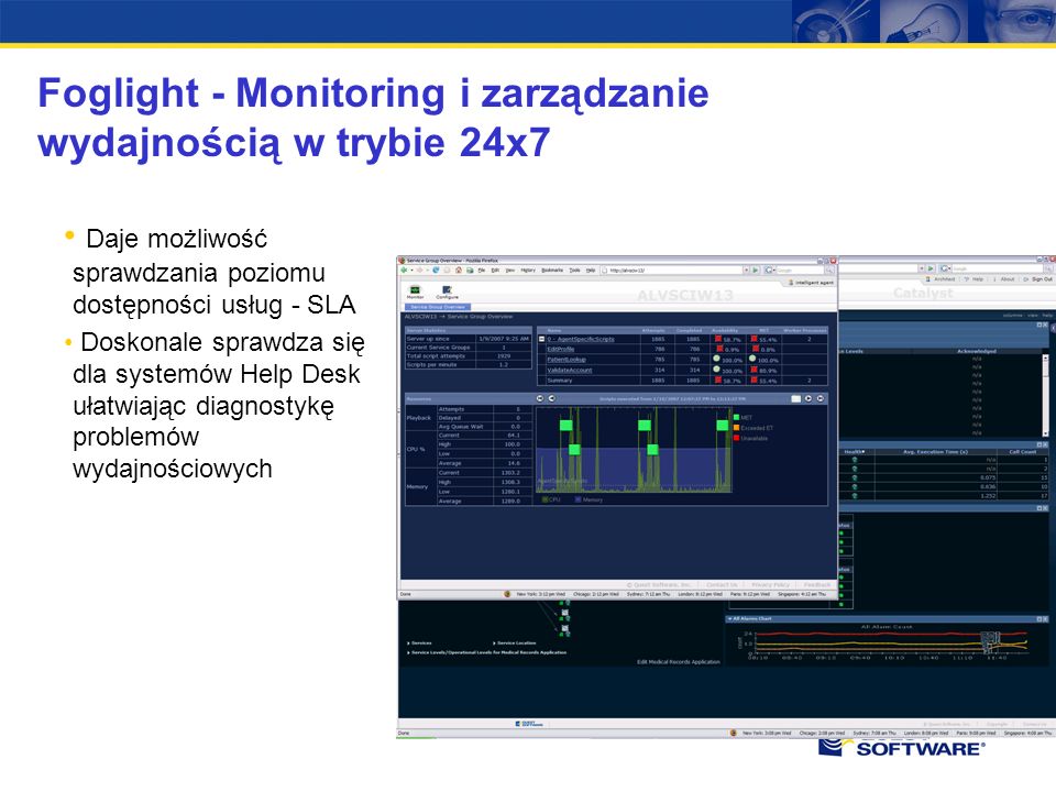 Foglight - Monitoring i zarządzanie wydajnością w trybie 24x7 Daje możliwość sprawdzania poziomu dostępności usług - SLA Doskonale sprawdza się dla systemów Help Desk ułatwiając diagnostykę problemów wydajnościowych