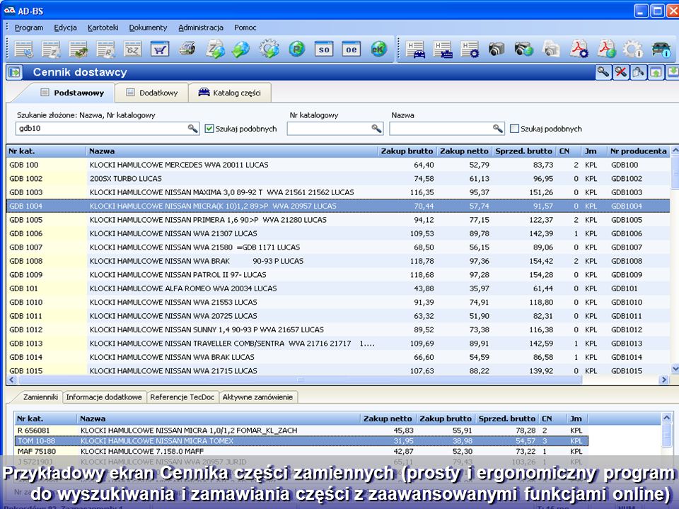 Przykładowy ekran Cennika części zamiennych (prosty i ergonomiczny program do wyszukiwania i zamawiania części z zaawansowanymi funkcjami online)