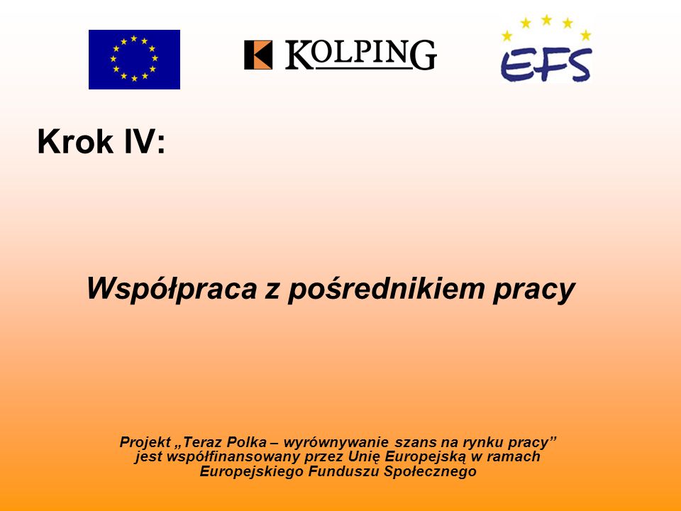 Krok IV: Projekt Teraz Polka – wyrównywanie szans na rynku pracy jest współfinansowany przez Unię Europejską w ramach Europejskiego Funduszu Społecznego Współpraca z pośrednikiem pracy