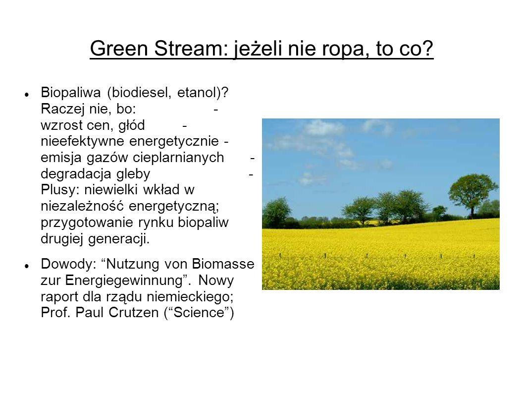 Green Stream: jeżeli nie ropa, to co. Biopaliwa (biodiesel, etanol).