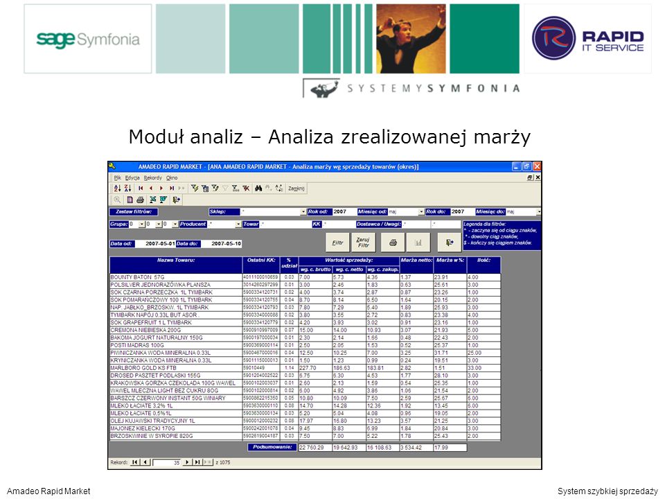 Moduł analiz – centralny ranking towarów i producentów Amadeo Rapid Market System szybkiej sprzedaży Moduł analiz – Analiza zrealizowanej marży