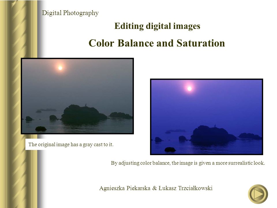 Agnieszka Piekarska & Łukasz Trzciałkowski Digital Photography Editing digital images Color Balance and Saturation The original image has a gray cast to it.