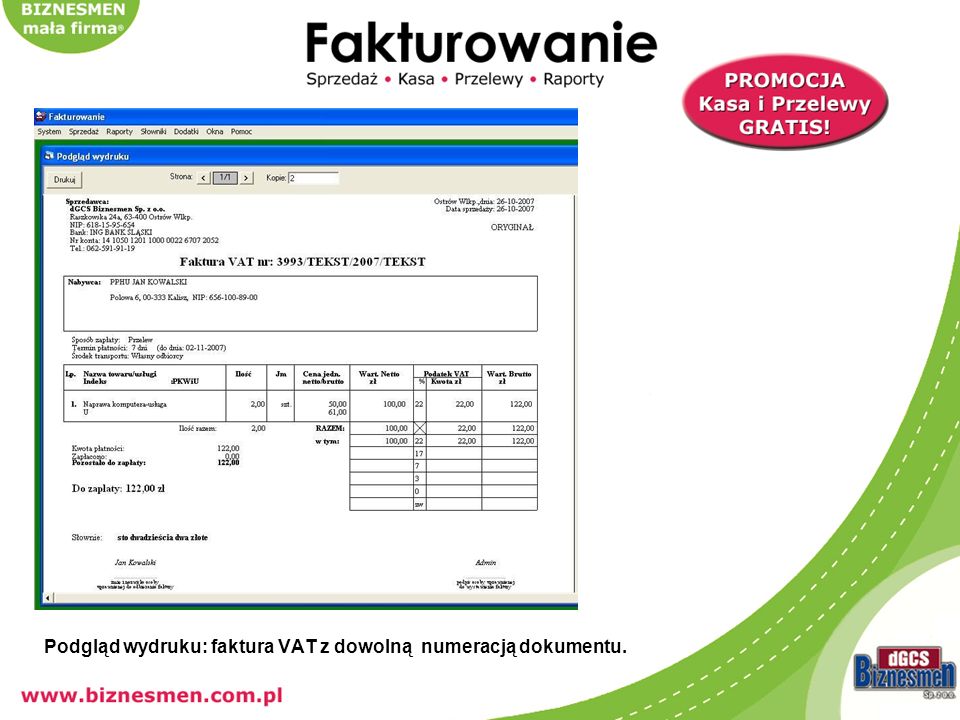 Podgląd wydruku: faktura VAT z dowolną numeracją dokumentu.