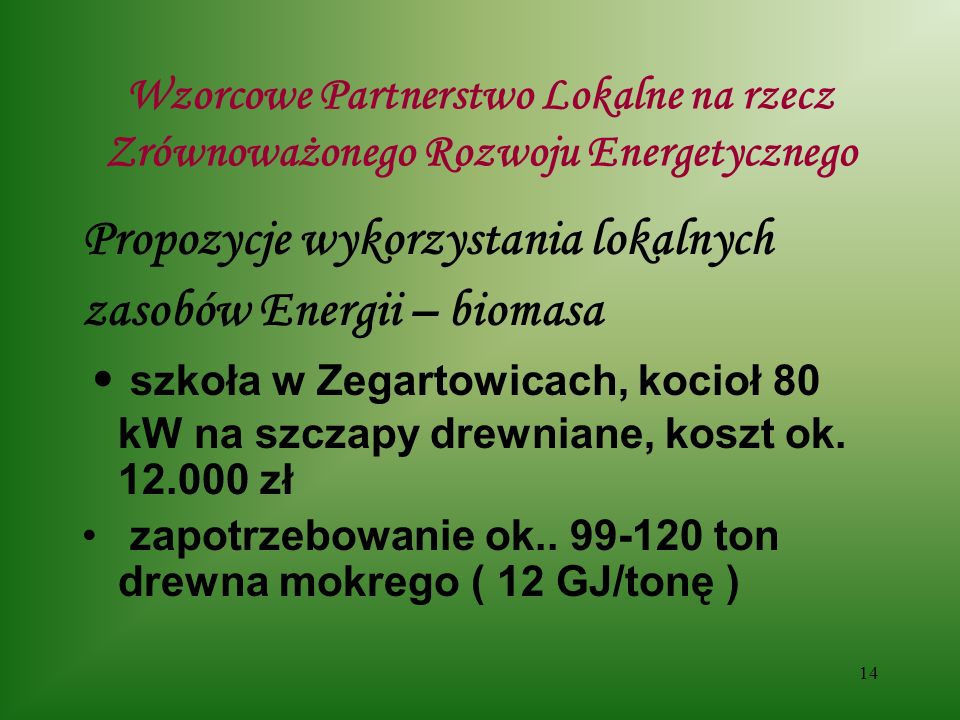 14 Wzorcowe Partnerstwo Lokalne na rzecz Zrównoważonego Rozwoju Energetycznego Propozycje wykorzystania lokalnych zasobów Energii – biomasa szkoła w Zegartowicach, kocioł 80 kW na szczapy drewniane, koszt ok.