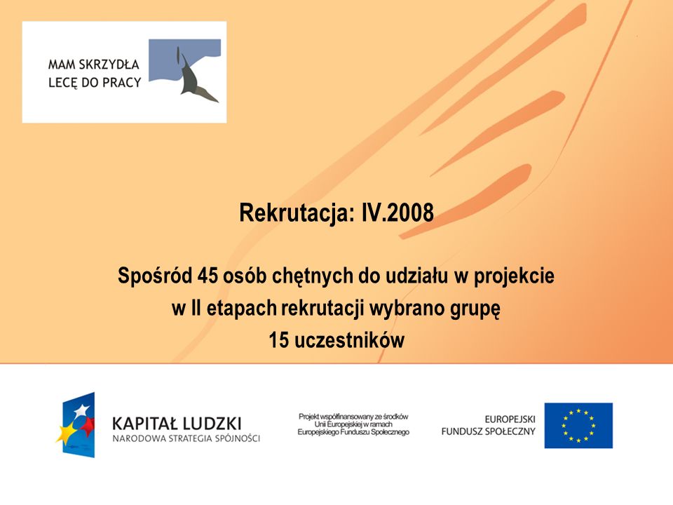 Rekrutacja: IV.2008 Spośród 45 osób chętnych do udziału w projekcie w II etapach rekrutacji wybrano grupę 15 uczestników