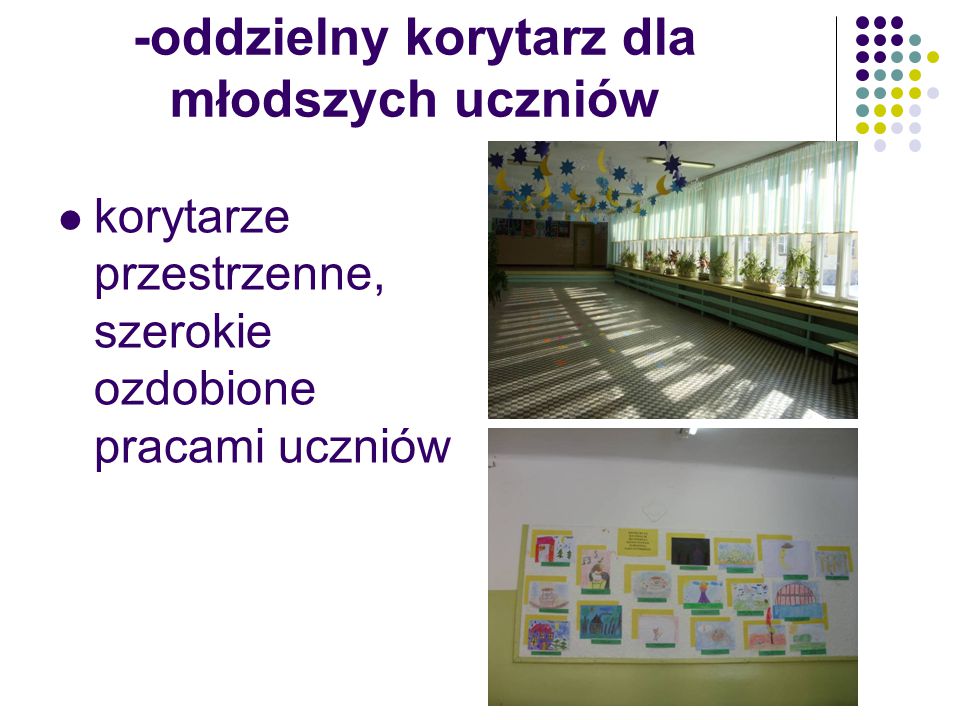 -oddzielny korytarz dla młodszych uczniów korytarze przestrzenne, szerokie ozdobione pracami uczniów