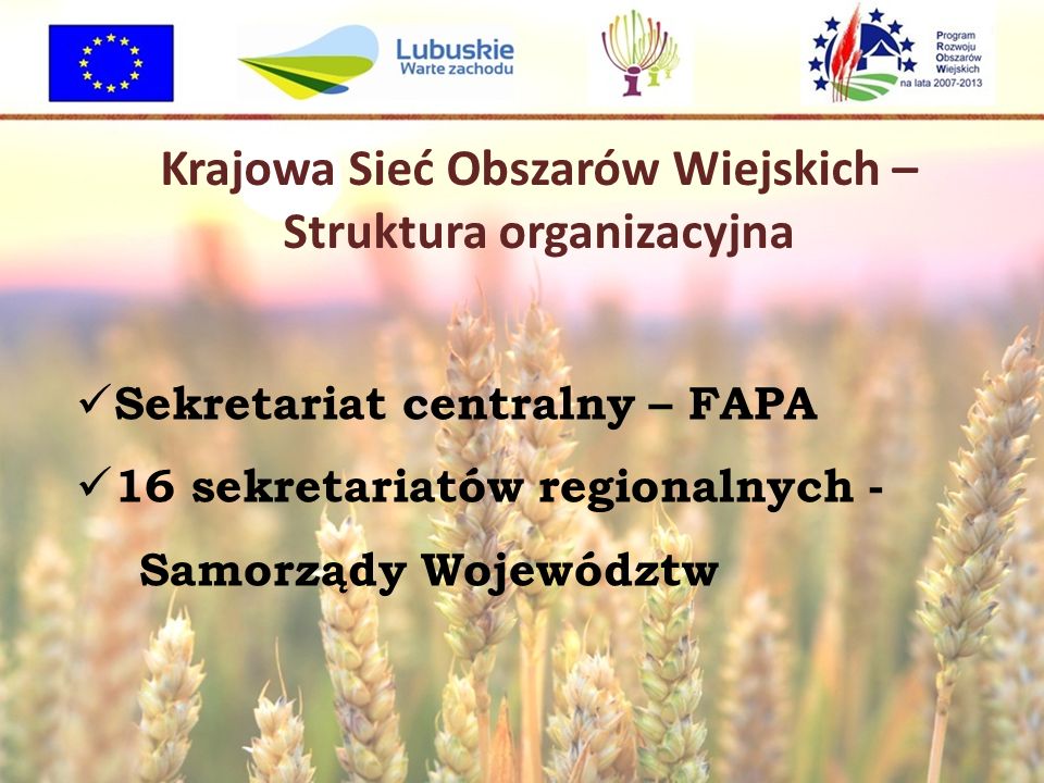 Krajowa Sieć Obszarów Wiejskich – Struktura organizacyjna Sekretariat centralny – FAPA 16 sekretariatów regionalnych - Samorządy Województw