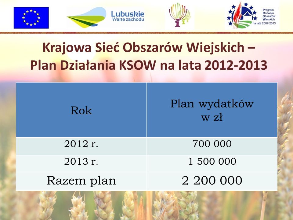 Krajowa Sieć Obszarów Wiejskich – Plan Działania KSOW na lata Rok Plan wydatków w zł 2012 r r Razem plan