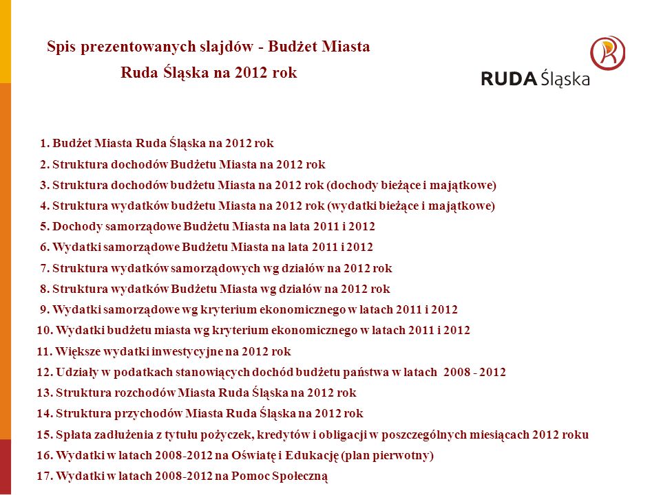 1. Budżet Miasta Ruda Śląska na 2012 rok 2. Struktura dochodów Budżetu Miasta na 2012 rok 3.