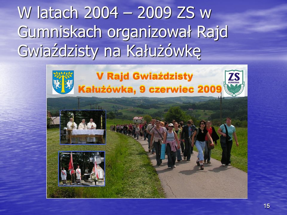 15 W latach 2004 – 2009 ZS w Gumniskach organizował Rajd Gwiaździsty na Kałużówkę
