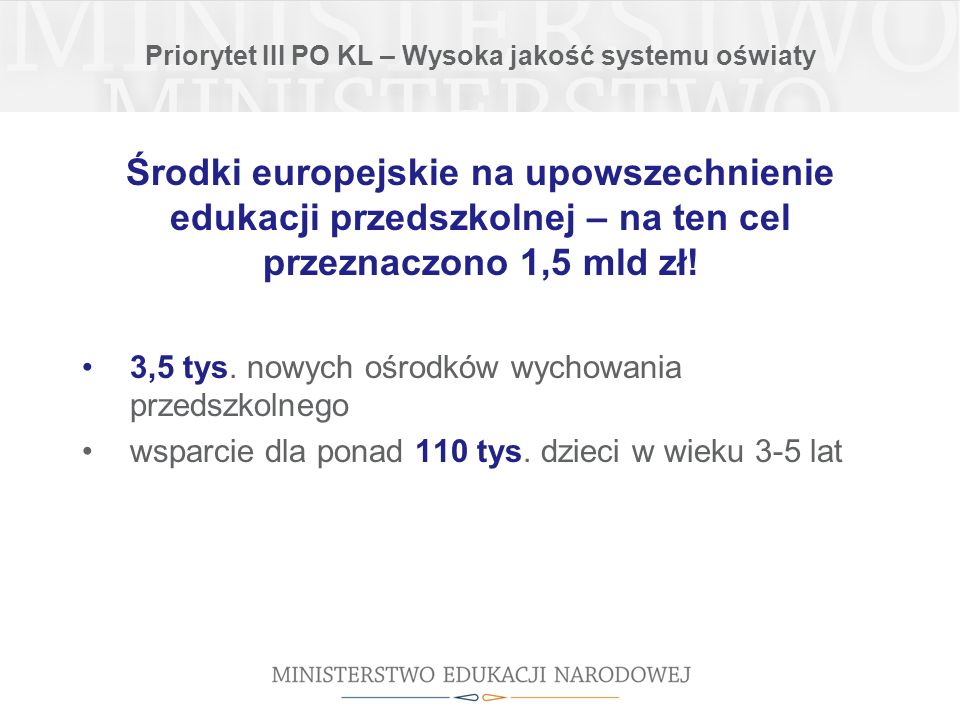 Priorytet III PO KL – Wysoka jakość systemu oświaty Środki europejskie na upowszechnienie edukacji przedszkolnej – na ten cel przeznaczono 1,5 mld zł.