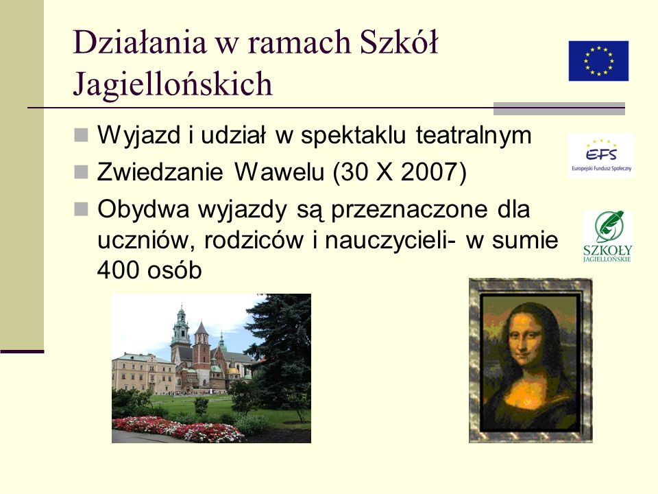 Działania w ramach Szkół Jagiellońskich Wyjazd i udział w spektaklu teatralnym Zwiedzanie Wawelu (30 X 2007) Obydwa wyjazdy są przeznaczone dla uczniów, rodziców i nauczycieli- w sumie 400 osób