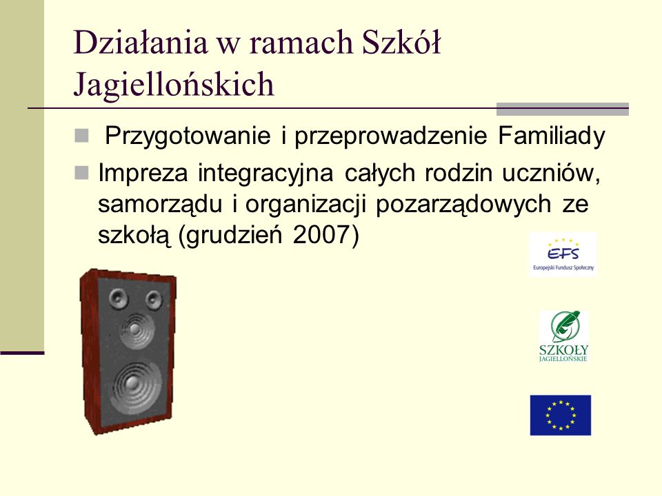 Działania w ramach Szkół Jagiellońskich Przygotowanie i przeprowadzenie Familiady Impreza integracyjna całych rodzin uczniów, samorządu i organizacji pozarządowych ze szkołą (grudzień 2007)