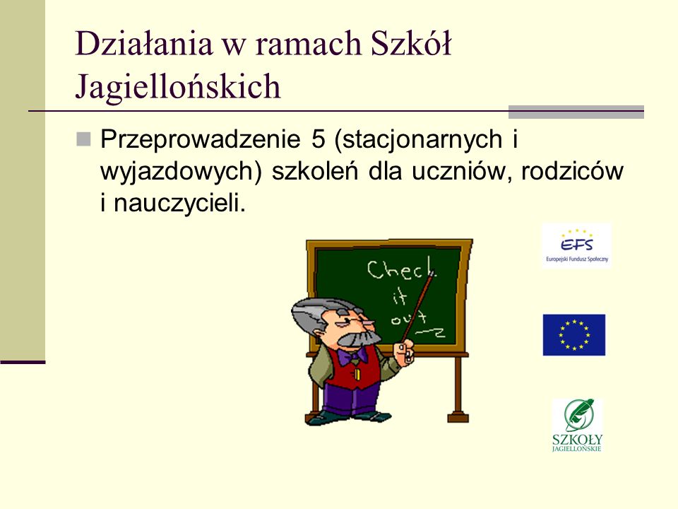 Działania w ramach Szkół Jagiellońskich Przeprowadzenie 5 (stacjonarnych i wyjazdowych) szkoleń dla uczniów, rodziców i nauczycieli.