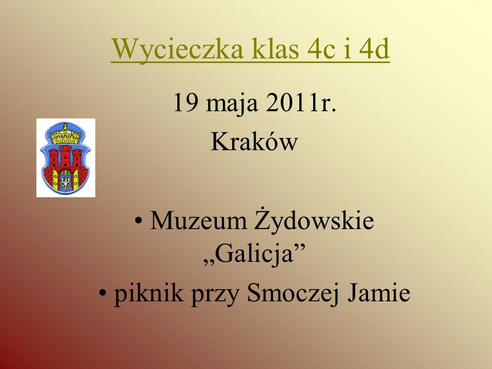Wycieczka klas 4c i 4d 19 maja 2011r. Kraków Muzeum Żydowskie Galicja piknik przy Smoczej Jamie