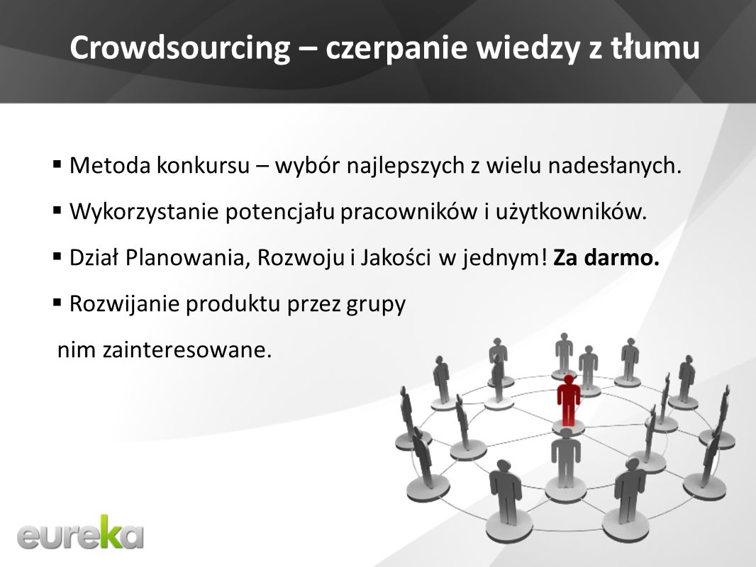 Crowdsourcing – czerpanie wiedzy z t ł umu Metoda konkursu – wybór najlepszych z wielu nadesłanych.