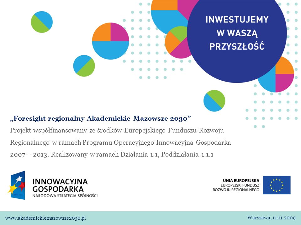 Foresight regionalny Akademickie Mazowsze 2030 Projekt współfinansowany ze środków Europejskiego Funduszu Rozwoju Regionalnego w ramach Programu Operacyjnego Innowacyjna Gospodarka 2007 – 2013.