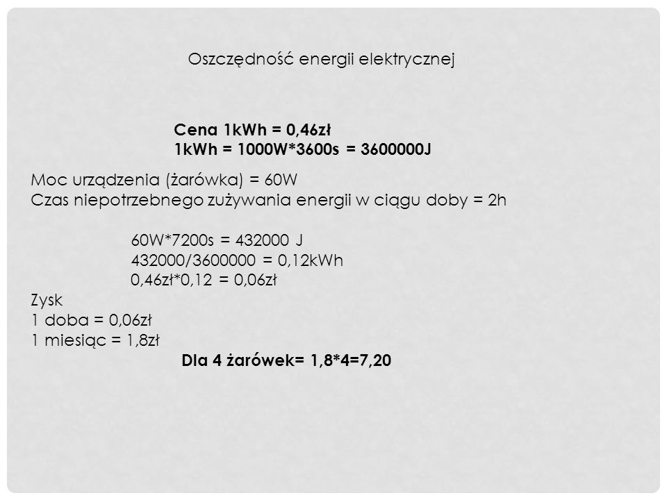 Oszczędność energii elektrycznej Cena 1kWh = 0,46zł 1kWh = 1000W*3600s = J Moc urządzenia (żarówka) = 60W Czas niepotrzebnego zużywania energii w ciągu doby = 2h 60W*7200s = J / = 0,12kWh 0,46zł*0,12 = 0,06zł Zysk 1 doba = 0,06zł 1 miesiąc = 1,8zł Dla 4 żarówek= 1,8*4=7,20