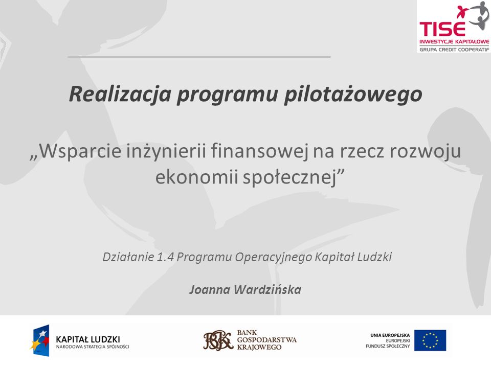 Realizacja programu pilotażowego Wsparcie inżynierii finansowej na rzecz rozwoju ekonomii społecznej Działanie 1.4 Programu Operacyjnego Kapitał Ludzki Joanna Wardzińska