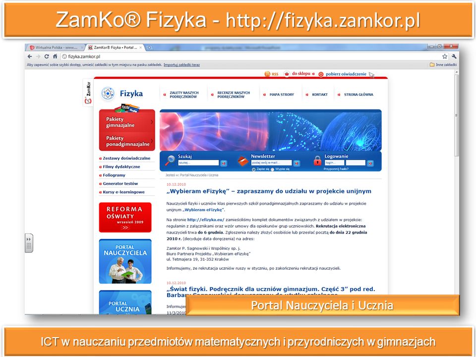ZamKo® Fizyka -   ICT w nauczaniu przedmiotów matematycznych i przyrodniczych w gimnazjach Portal Nauczyciela i Ucznia