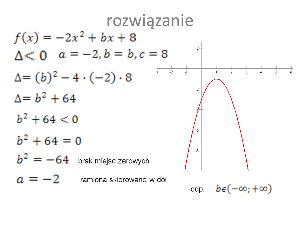 Dana jest funkcja kwadratowa Wyznacz wartość b, dla której funkcja f nie ma miejsc zerowych b Є R\{-2} b Є R\{8} b Є (-;-2)(-2;+) b Є (-;+) 50 :50