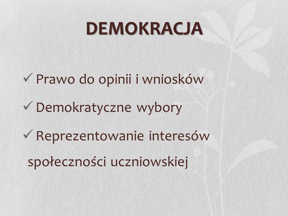 DEMOKRACJA Prawo do opinii i wniosków Demokratyczne wybory Reprezentowanie interesów społeczności uczniowskiej